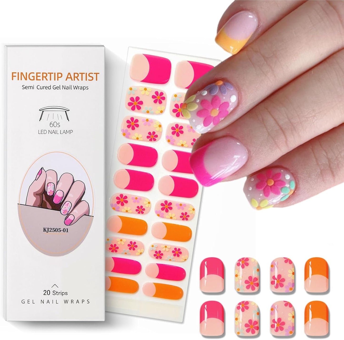 Semi Cured Gel Nail Strips French Tip Nail Stickers with Flower Designs Cute Glossy Gel Stickers Salon Quality & Easy to Use Need UV/LED Light for Women 20 Pcs-Velvo Beauty