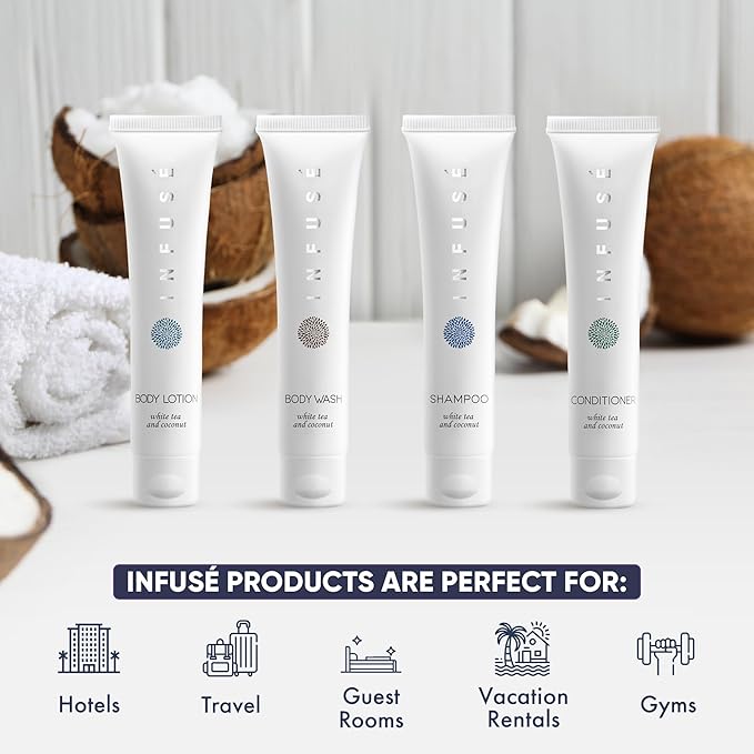 Infuse White Tea & Coconut Hotel Toiletries Bulk Set | 1-Shoppe Amenities Kit | 1oz Shampoo & Conditioner, Body Wash, Lotion | Travel Size | 80 Pieces-Velvo Beauty