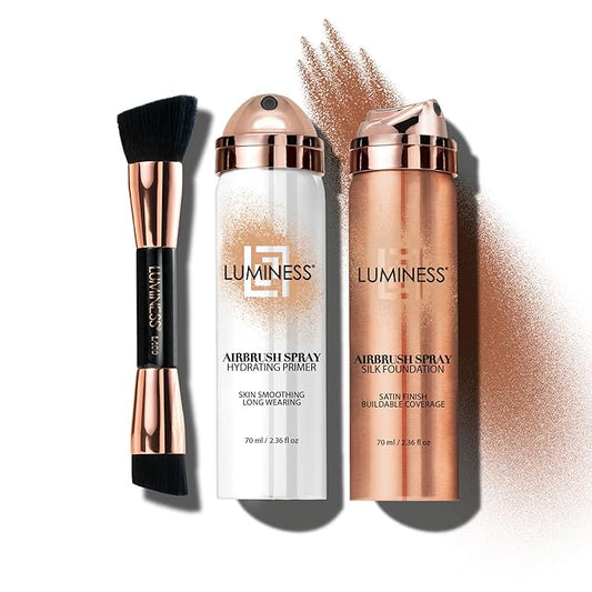LUMINESS Airbrush Spray Silk Foundation Starter Kit - Deep - Foundation, Primer & Dual-Sided Angled Buffing Brush - Medium, Buildable Coverage, Anti-Aging Formula Hydrates & Moisturizes-Velvo Beauty