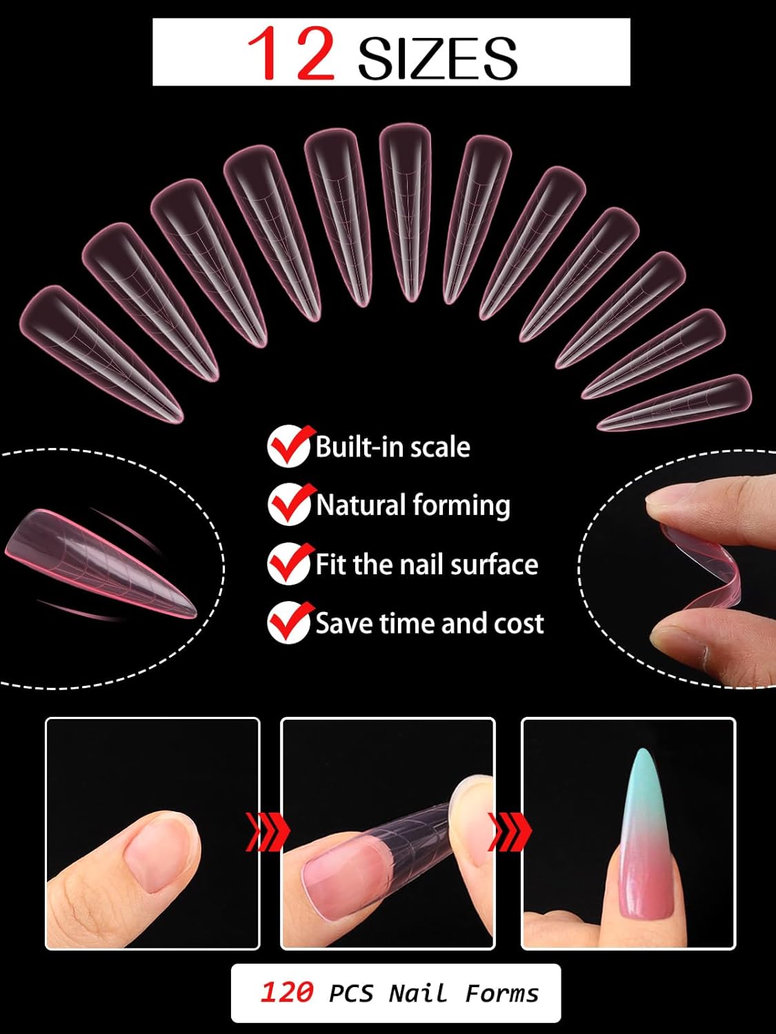 EBANKU Stiletto Dual Nail Forms for Poly Extension Gel, 120 PCS Pink Nail Molds Reusable Nail Extension Forms for Builder Gel Manicure Design Salon DIY-12 Sizes-Velvo Beauty