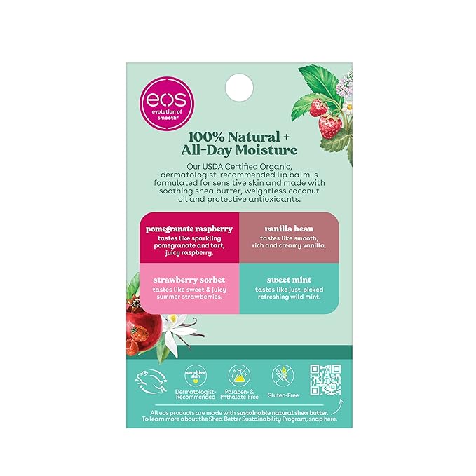 eos 100% Natural & Organic Lip Balm Sticks- Strawberry Sorbet, Vanilla Bean, Sweet Mint & Pomegranate Raspberry, Lip Care Products, 0.14 oz, 4-Pack-Velvo Beauty
