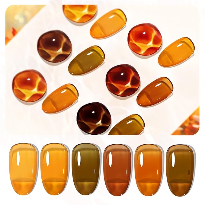 JODSONE 6 Colors Gel Nail Polish Set Fall Collection Jelly Effect Soak Off Need U V LED Gel Polish Set Autumn Mauve Brown RedSalon-Quality DlY Home Manicure-Velvo Beauty