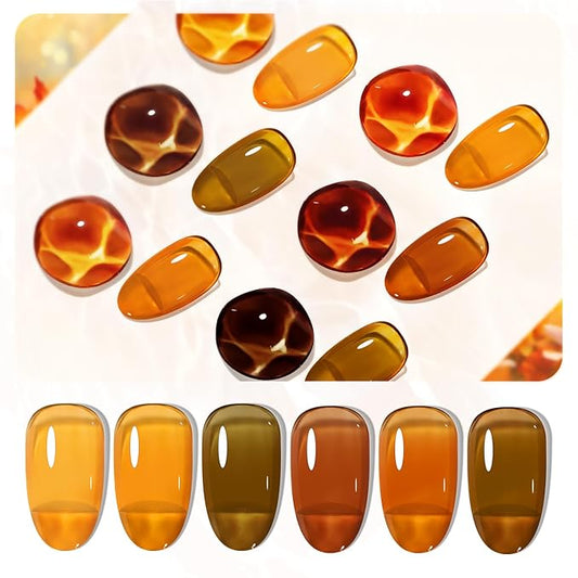 JODSONE 6 Colors Gel Nail Polish Set Fall Collection Jelly Effect Soak Off Need U V LED Gel Polish Set Autumn Mauve Brown RedSalon-Quality DlY Home Manicure-Velvo Beauty
