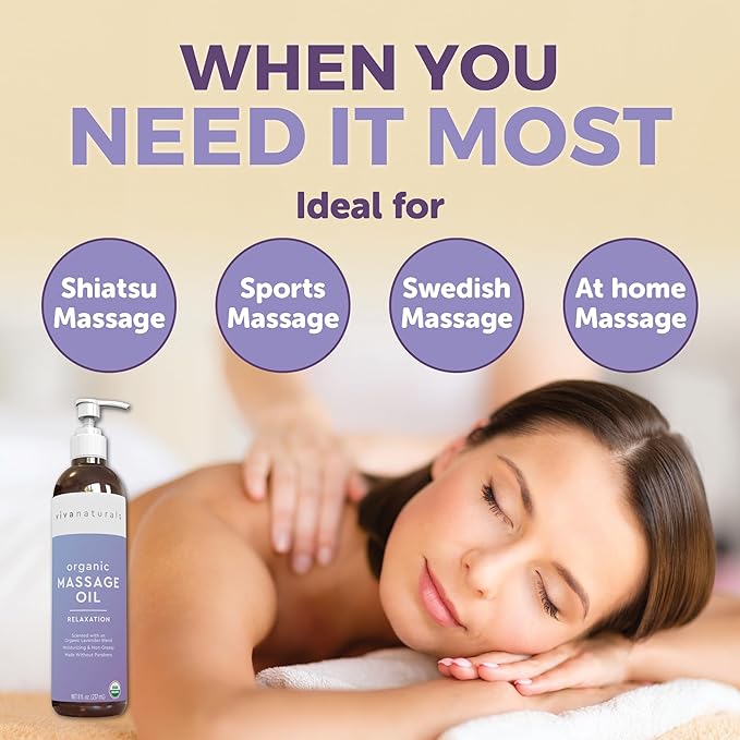 Viva Naturals Organic Massage Oil (8 fl. oz.) - Lavender Scented Non-Greasy Body Massage Oil with Mess-Free Pump, Moisturizing Massage Oils for Massage Therapy, Non-GMO and Certified Organic, 237 mL-Velvo Beauty