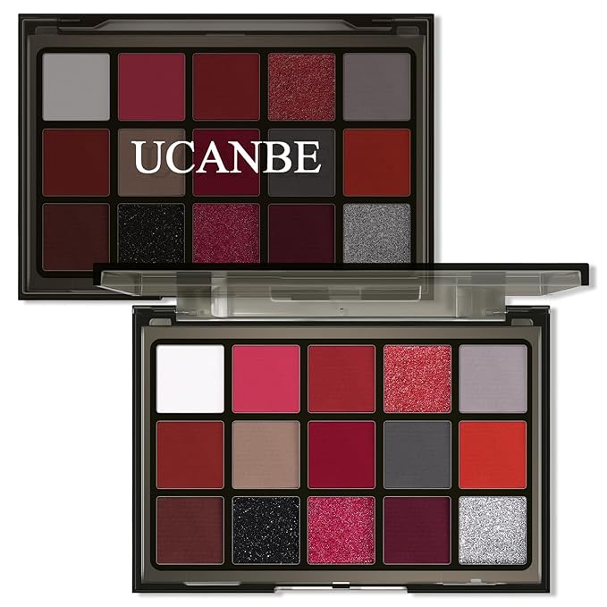 UCANBE Red Eyeshadow Makeup Palette, 15 Colors Burgunry Gray Silver Shimmer Matte Glitter Metallic Eye Shadow Pallet, Pigmented Make Up Kit for Halloween Parties Christmas Joker Vampire Clown-Velvo Beauty