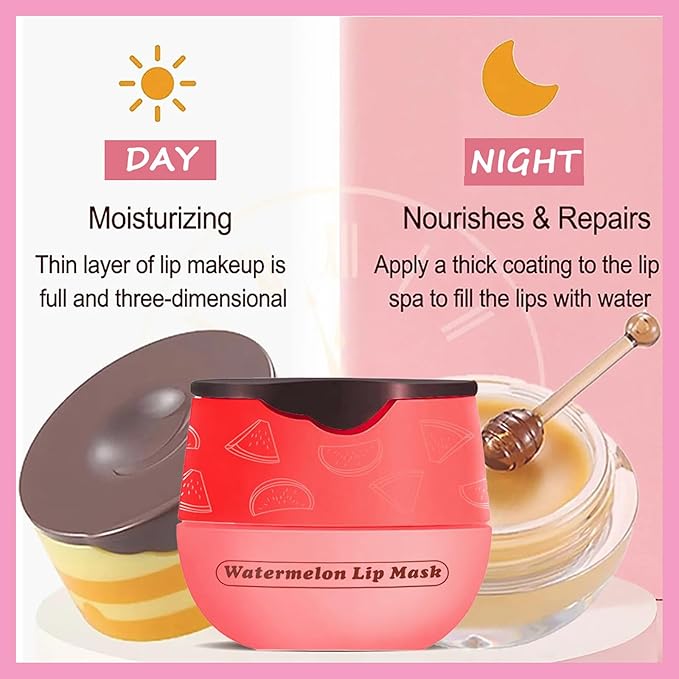 1 PCS Bee Lip Balm Lip Mask Honey Pot, Watermelon Moisturizing Sleeping Lip Mask Overnight with Sticks, Lip Balm Honey Pot Lip Balm Hydrating Prevention Dry and Crack Lip Scrubs Exfoliator-Velvo Beauty
