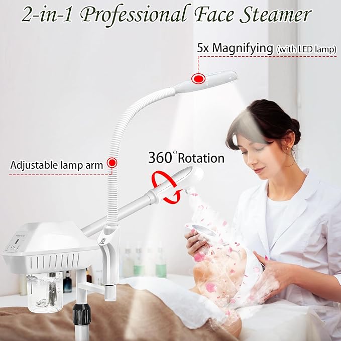 Professional Facial Steamer for Deep Hydration,2in1 Ozone Face Steamer with 5X Magnifying Lamp,Suitable for Home Use or Beauty Spa Deep Cleansing and Hydration-Velvo Beauty