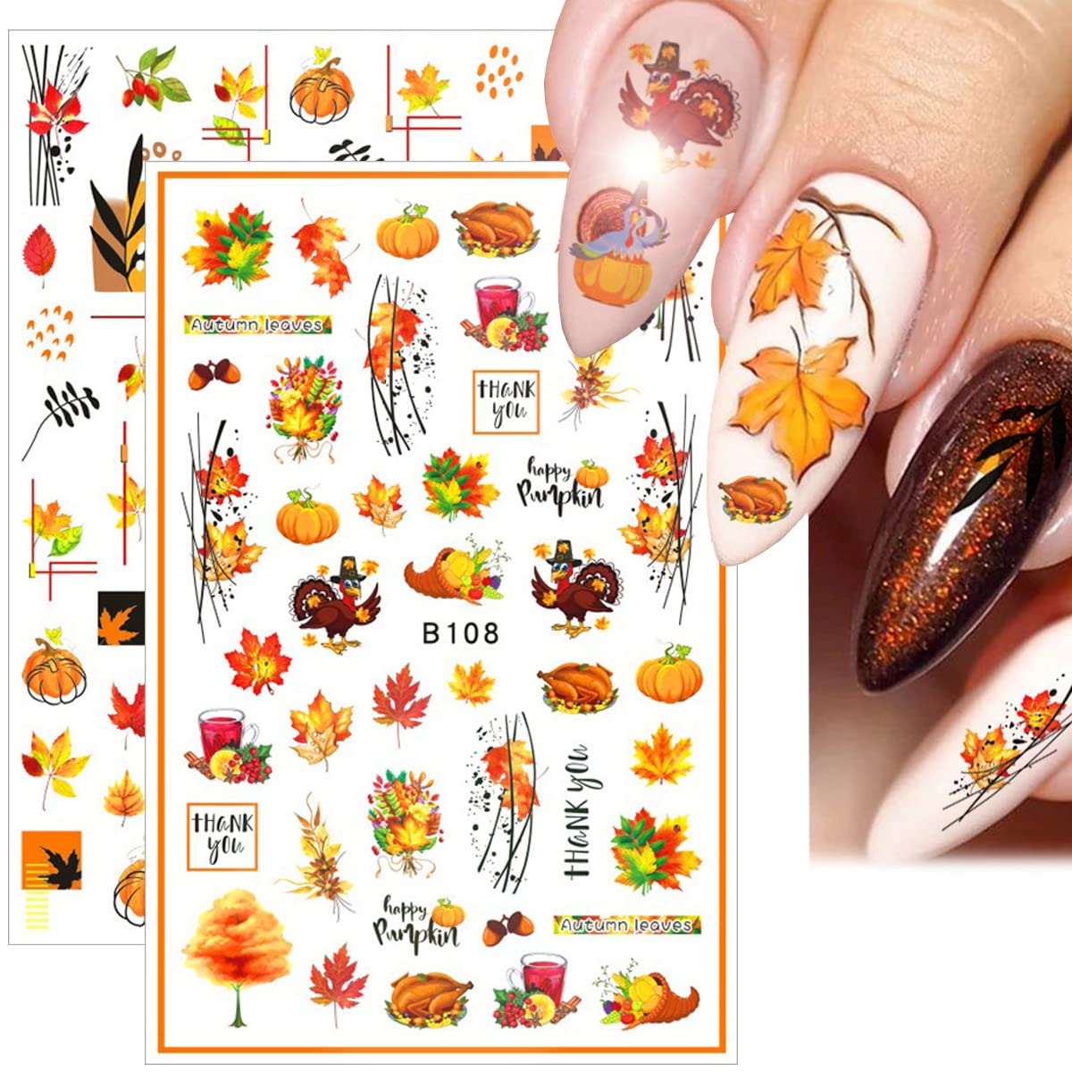 12 Sheets Fall Nail Art Stickers 3D Autumn Leaves Nail Decals Self-Adhesive Thanksgiving Nail Art Accessories Foils Maple Leaf Pumpkin Turkey Nail Designs for Women Girls DIY Manicure Decoration-Velvo Beauty