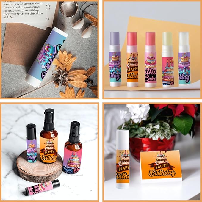 OLYCRAFT 100Pcs 4 Styles Lipstick Tag Stickers Birthday Cake Lip Balm Label Sticker 2.1x1.7 inch Self Adhesive Lipstick Labels with Happy Birthday for Lip Balm Container Tubes Wrapping Decorations-Velvo Beauty