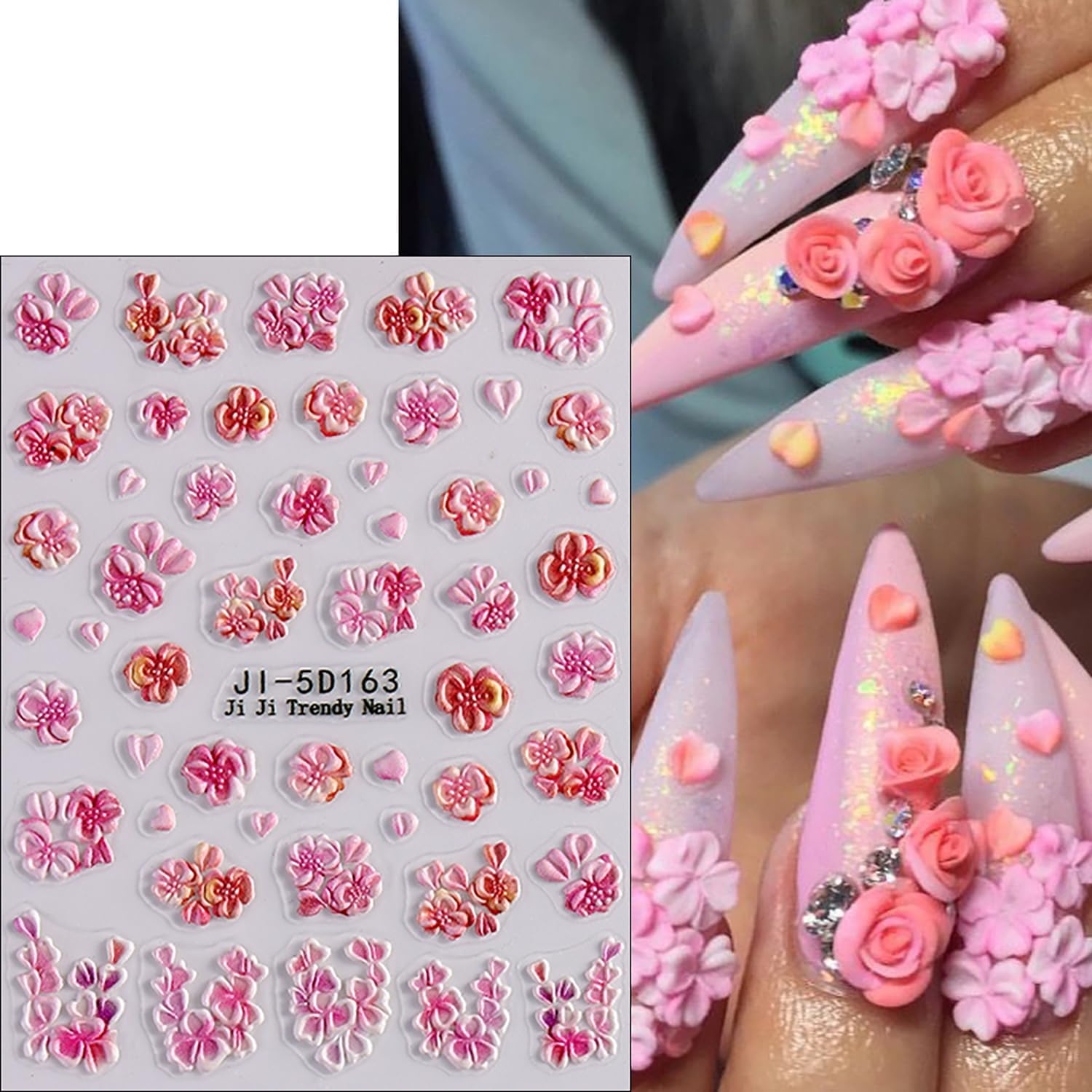 4 Sheets 5D Flower Nail Art Sticker Stereoscopic Floral Self-Adhesive Nails Stickers Blossom Nail Art Decals Holographic Flowers Decal for Women Pink Blue Red Manicure Stickers DIY Nails Supplies-Velvo Beauty