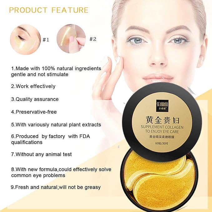 Under Eye Collagen Patch, 24K Gold Anti-Aging Mask, Pads for Puffy Eyes & Bags, Dark Circles and Wrinkles, with Hyaluronic Acid, Hydrogel, Deep Moisturizing Improves elasticity, 30 Pairs-Velvo Beauty