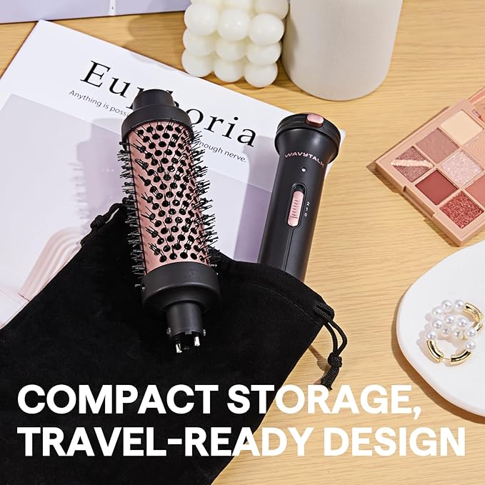 Wavytalk Thermal Brush, 1 1/2 inch Heated Round Brush with Detachable Head, Velvet Pouch and Dual Voltage for Travel, Easy to Create Blowout Look, Rose Gold-Velvo Beauty