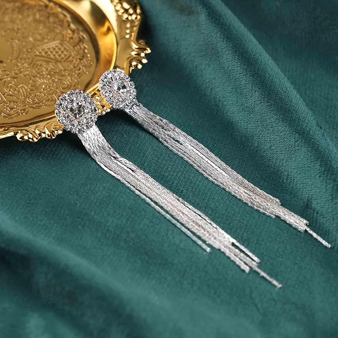 Vintage Crystal Chandelier Dangle Earrings Rhinestone Tassel Chain Earrings Wedding Chandelier Earrings Silver Full Cz Chain Earrings Jewelry for Women-Velvo Beauty