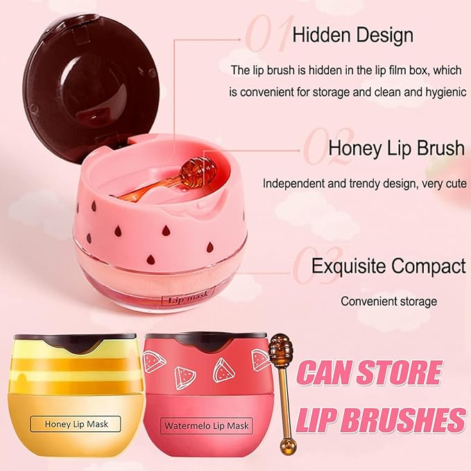 3 PCS Bee Lip Mask Honey Pot Lip Balm,Strawberry Watermelon Lip Mask Overnight Hydrating Dry and Crack Lip Scrubs Exfoliator Propolis Lip Sleeping Mask (Strawberry & Watermelon & Honey)-Velvo Beauty