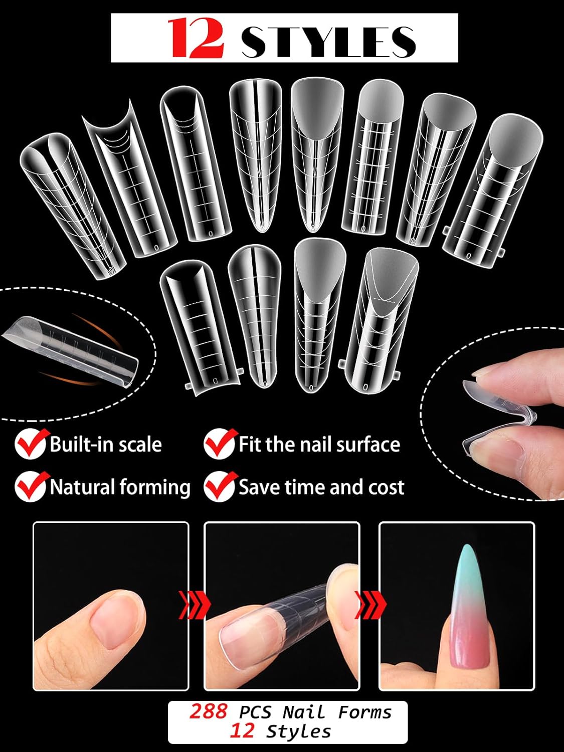 EBANKU Dual Forms for Poly Nail Gel 288PCS Dual Nail Forms Molds Stiletto Coffin Ballerina Acrylic Nail Tips 12 Shapes for Builder Gel Manicure Nail Art Design Salon DIY at Home-Velvo Beauty