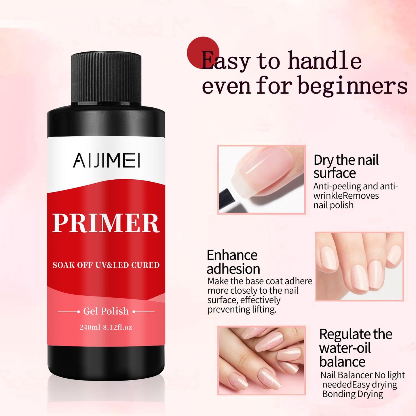 AIJIMEI 240ml Rapid-Dry Nail Primer, Nail Primer for Stronger Nails Enhances Adhesion & Shine Primer for Nail, Sensitive Skin Nail Care Compatible with All Polishes Nail Art 8 Fl Oz-Velvo Beauty