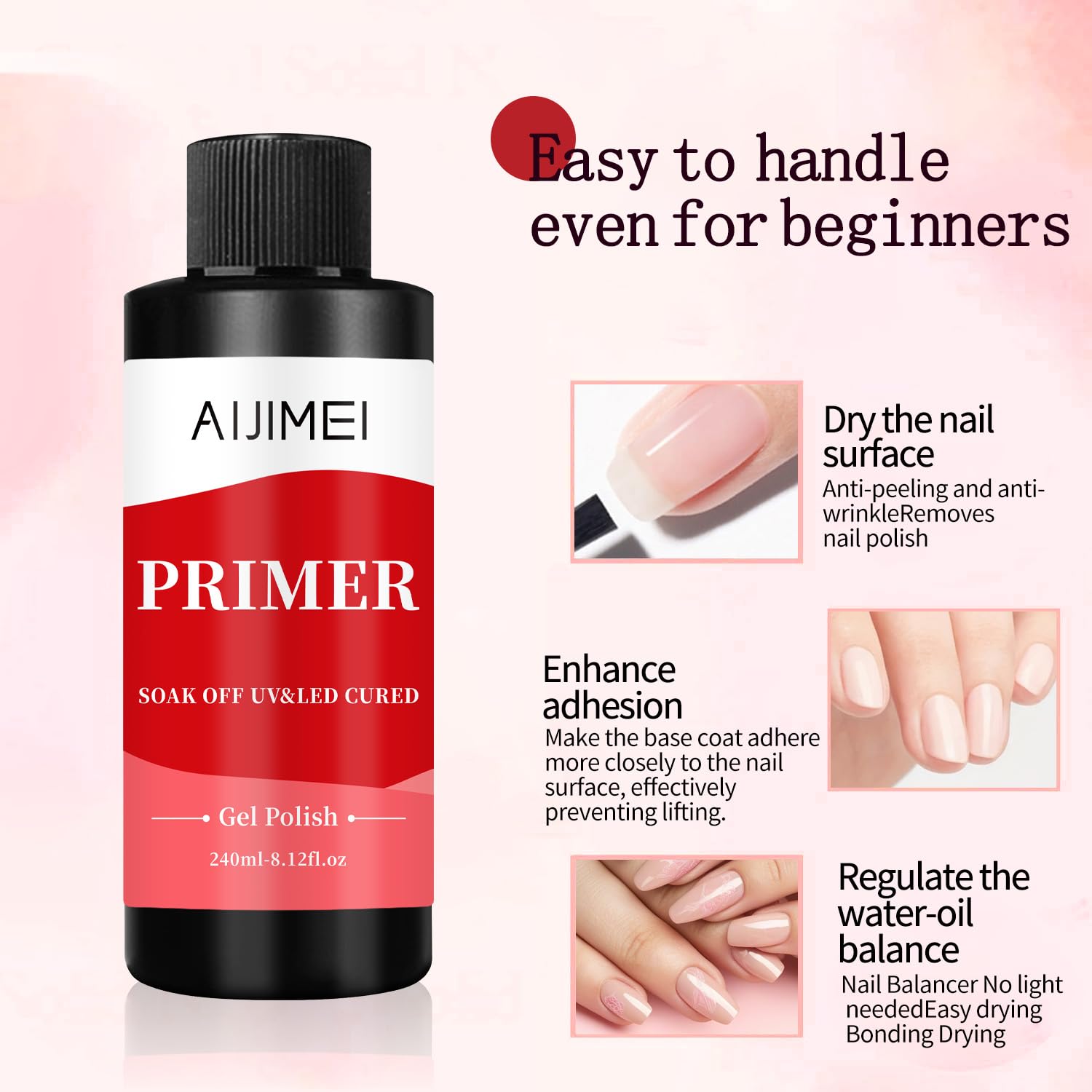 AIJIMEI 240ml Rapid-Dry Nail Primer, Nail Primer for Stronger Nails Enhances Adhesion & Shine Primer for Nail, Sensitive Skin Nail Care Compatible with All Polishes Nail Art 8 Fl Oz-Velvo Beauty