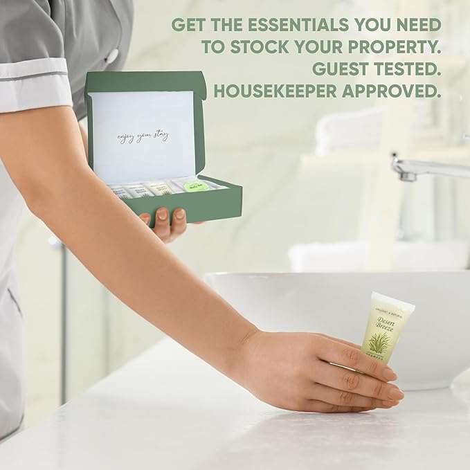 Dessert Breeze Amenity Kit | Boxed Hotel Toiletries | Bulk Set 1oz Travel Size Shampoo, Conditioner, Lotion, Body Wash & Body Bar Soap for Guest Hospitality AirBnB/Vacation Rentals | 60 sets per case-Velvo Beauty