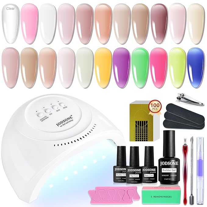 JODSONE Builder Gel Nail Kit with U V Light Base Top Coat 21 Colors High Shine Builder Gel and 100 PCS Extension Stickers-Velvo Beauty