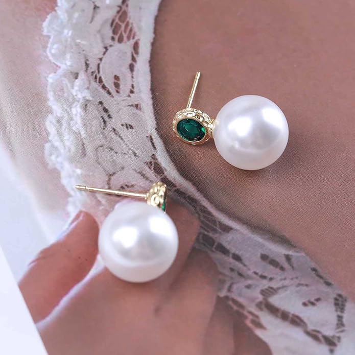 Vintage Emerald Pearl Earrings Gold Pearl Drop Earrings Green Emerald Studs Earrings Rhinestone Pearl Emerald Earrings Jewelry for Women-Velvo Beauty