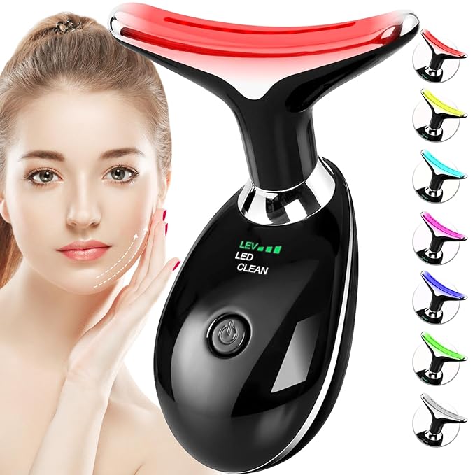 Red-Light-Therapy-for-Face-and-Neck, 7 Color Face Massager Tool for Wrinkles, Double Chin, Vibrating Facial Massager with Thermals for Skin Care, Glossy Black-Velvo Beauty