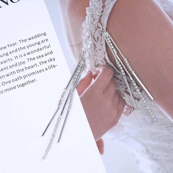 Vintage Crystal Tassel Earrings Rhinestone Bar Drop Earrings Long Rhinestone Chain Earrings Gold Cz Bar Hook Earrings Sparkle Tennis Chain Earrings Jewelry for Women-Velvo Beauty