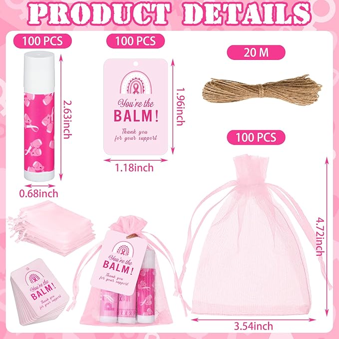 100 Set Pink Ribbon Breast Cancer Awareness Gifts Bulk, 100 Lip Balms, 100 Organza Gift Bags and 100 Tags Perfect for Charity Events, Survivors Awareness Campaigns-Velvo Beauty