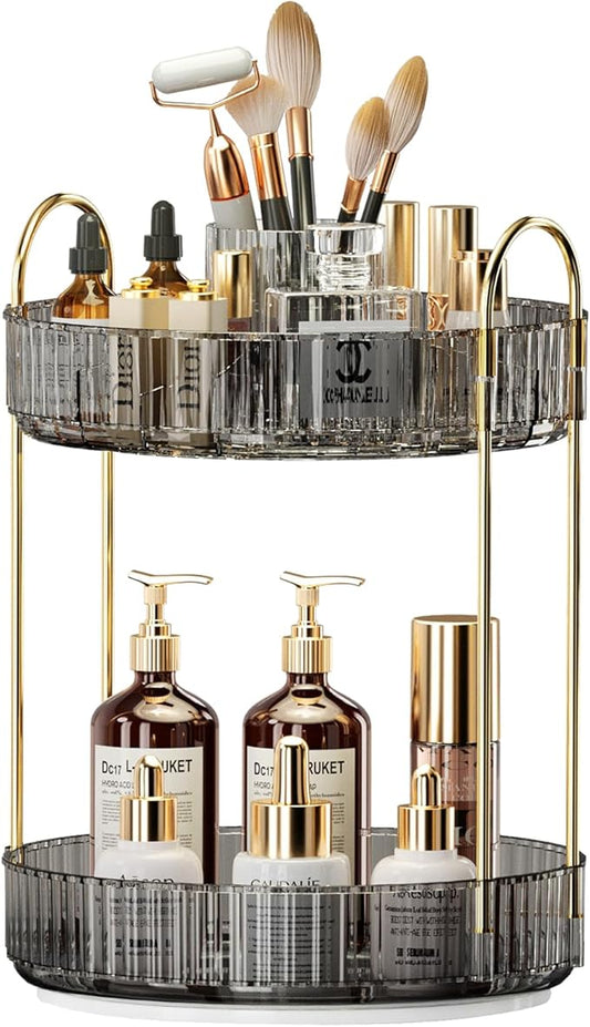 360° Rotating Makeup Organizer, Large-Capacity Skincare Make Up Storage 2 Tier Perfume Organizers Cosmetic Dresser Organizer with Makeup Brush Holder, Fits Bedroom, Bathroom, Vanity Shelf Countertop-Velvo Beauty