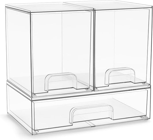 Sorbus Acrylic Storage Containers - 3 Pack, Stackable Storage Bins Set for Bathroom Organization - Clear Acrylic Drawer Organizers - Makeup Case Pull-Out Drawers (7.6’’ Tall and 12.1’’ Wide)-Velvo Beauty