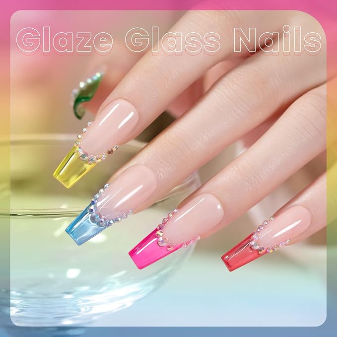 RARJSM Colorful Stained Glass Gel Nail Polish Set 6pcs Clear Crytal Blue Green Yellow Orange Red Neon Pink Series Transparent Sheer Amber Milky Gel Varnish LED UV Curing Requires French Manicure-Velvo Beauty