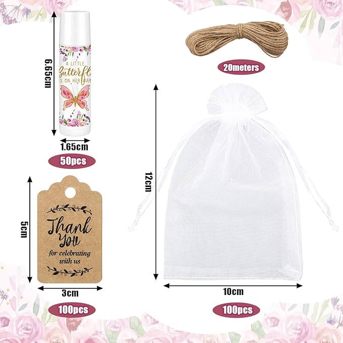 Demissle 50 Pcs Baby Shower Lip Balm Gift Set with 100 Pcs Organza Bags Baby Shower Party Favor for Guest Thank You Tag Rope Baby Shower Party Decoration Gender Reveal Souvenirs (Butterfly)-Velvo Beauty