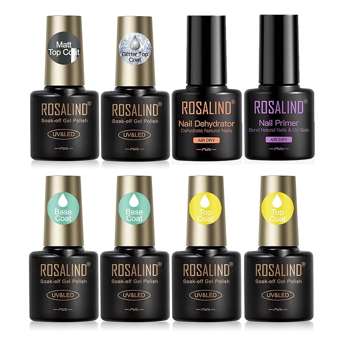 ROSALIND 8 PCS Nail Prep Dehydrator and Primer with Base Coat Top Coat, Glossy Glitter Matte Top Coat for Acrylic Gel Nail Polish Nail Art Supplies Gift-Velvo Beauty