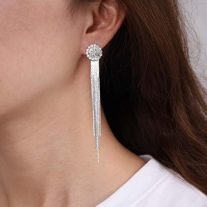 Vintage Crystal Chandelier Dangle Earrings Rhinestone Tassel Chain Earrings Wedding Chandelier Earrings Silver Full Cz Chain Earrings Jewelry for Women-Velvo Beauty