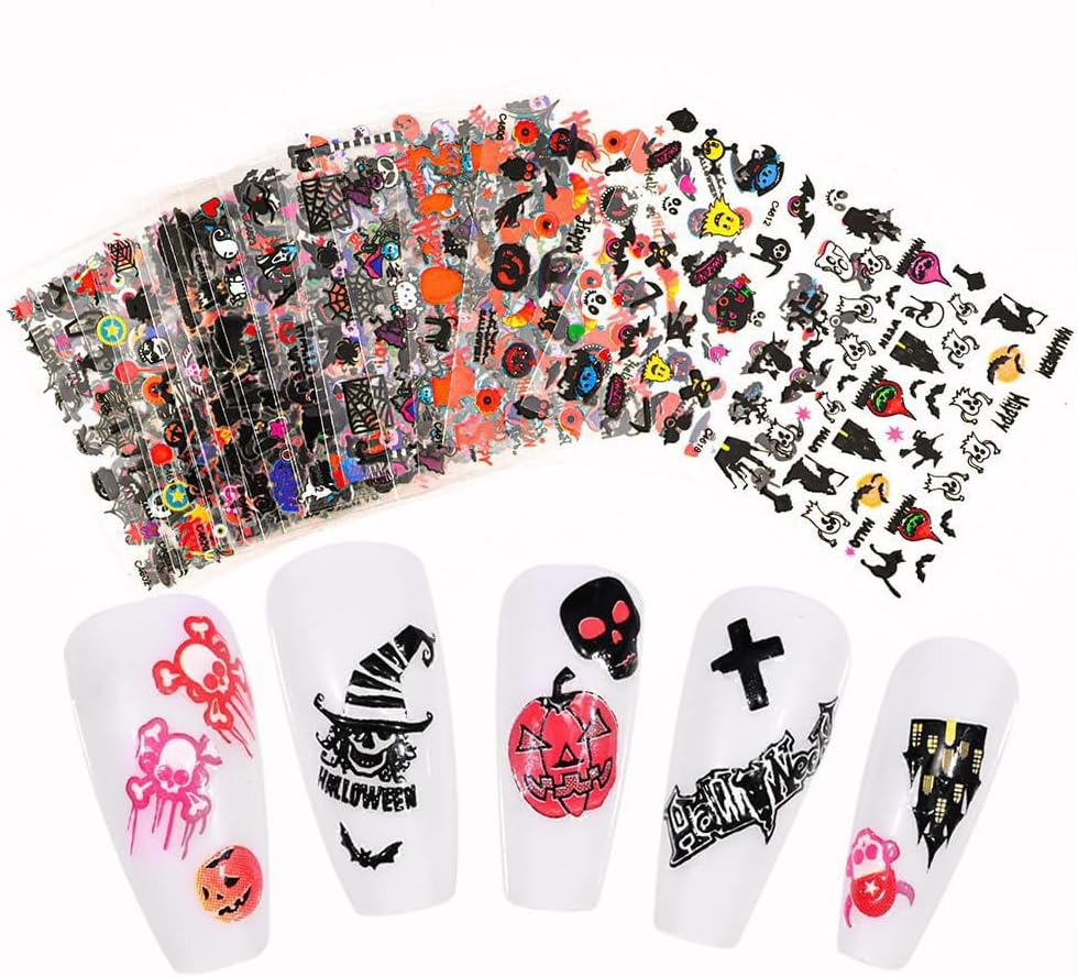 30 Sheets Halloween Nail Stickers Pumpkin Ghost Face Nail Charms Decals 3D Self Adhesive Spider Web Cat Bat Manicure Art Sticker for Acrylic Nails DIY Decorations-Velvo Beauty