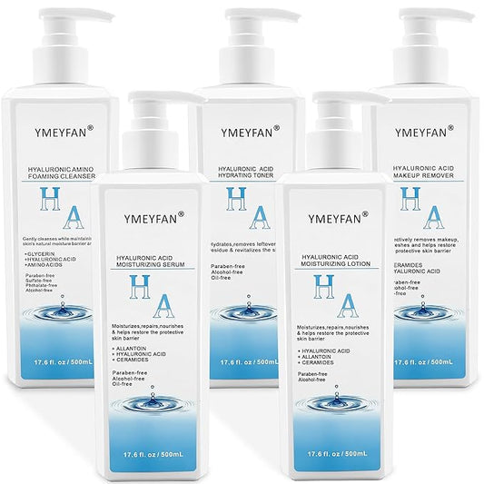 5 Step Skin Care Set, Large 17.6 Fl oz, All with Hyaluronic Acid Facial Skin Care Products, Makeup Remover, Cleanser, Toner, Serum, Lotion, Hydrating & Protect Skin, Sulfates & Paraben-Free-Velvo Beauty