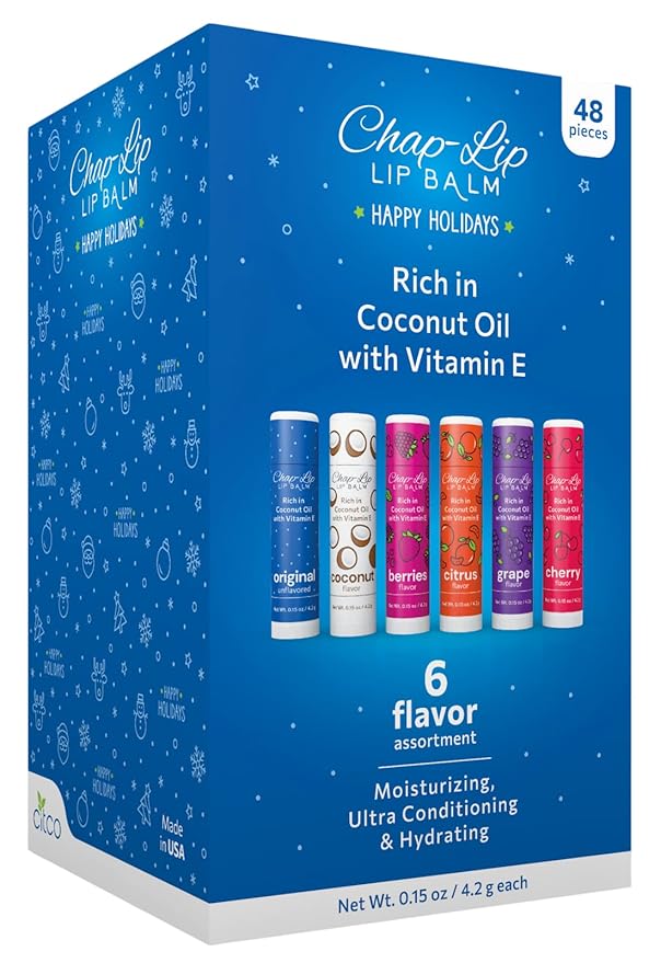 Rich in Coconut Oil & Vitamin E - Moisturizing, Ultra Conditioning & Hydrating - Total Lip Moisturizer & Lip Therapy Treatment - Happy Holidays 6 Flavor Assortment, 48 Count-Velvo Beauty