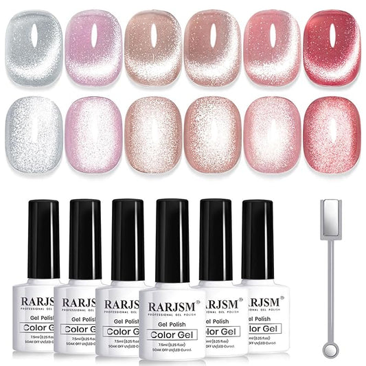RARJSM Cat Eye Gel Nail Polish Set 6 Pcs Magnetic Sparkle Diamond Glitter Nude Pink Light Purple Red Silver Sheer Pink Velvet Ice Jelly Gel Polish with Magnet Stick UV LED Curing Requires Soak Off-Velvo Beauty