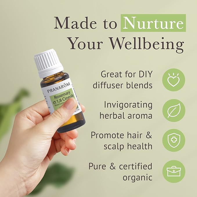 Pranarom USDA Certified Organic Rosemary Cineole Essential Oil (15ml), 100% Pure Undiluted Therapeutic Grade from Tunisia for Aromatherapy, Diffuser, Meditation, Massage, Relaxation-Velvo Beauty