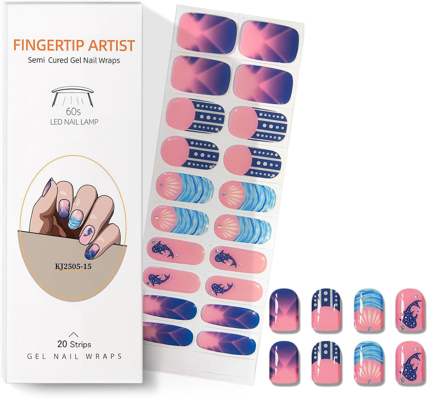 Semi Cured Gel Nail Strips with Shark Designs Gel Nail Stickers Blue Glossy French Tip Salon Quality & Easy to Use 20 Pcs for Women-Velvo Beauty