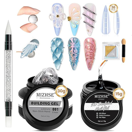 MIZHSE 30g/1oz Solid Builder Gel for Nails and 15g 3D Painting Gel, Clear Hard Gels for Nails Sculpting Nails Art Soak Off U V LED Builder Salon Home DIY Manicure-Velvo Beauty