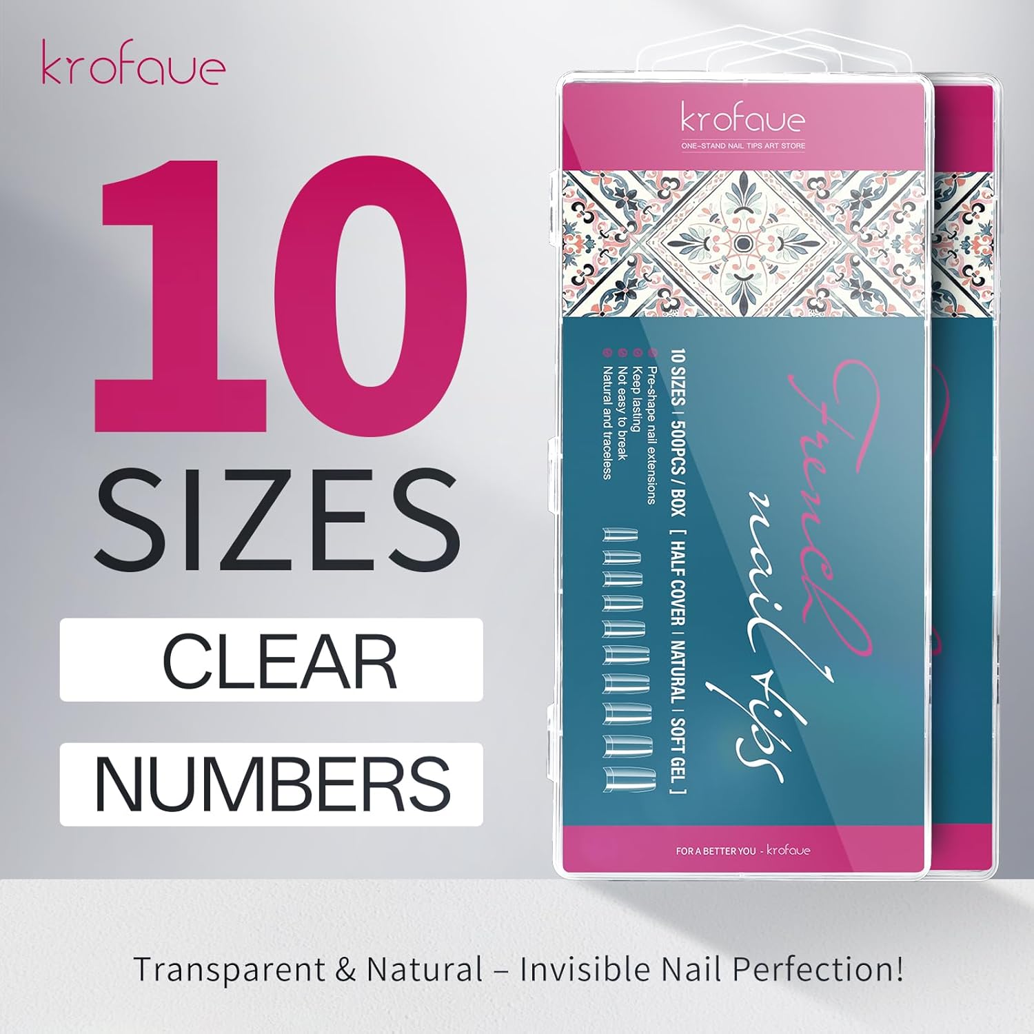 krofaue Nail Tips Lady French Style Acrylic Artificial Half Cover False Nail Tips with Box Ideal for Salons and Home DIY Manicure,10 Sizes,1000PCS (Natural and Clear)-Velvo Beauty