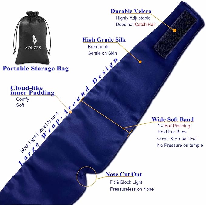 Nature Silk Sleeping Mask Soft Featherweight Eye Mask Large Wrap-Around Blindfold with Adjustable Velcro Blackout for Wild Sleeper Nose Cut (NavyBlue)-Velvo Beauty