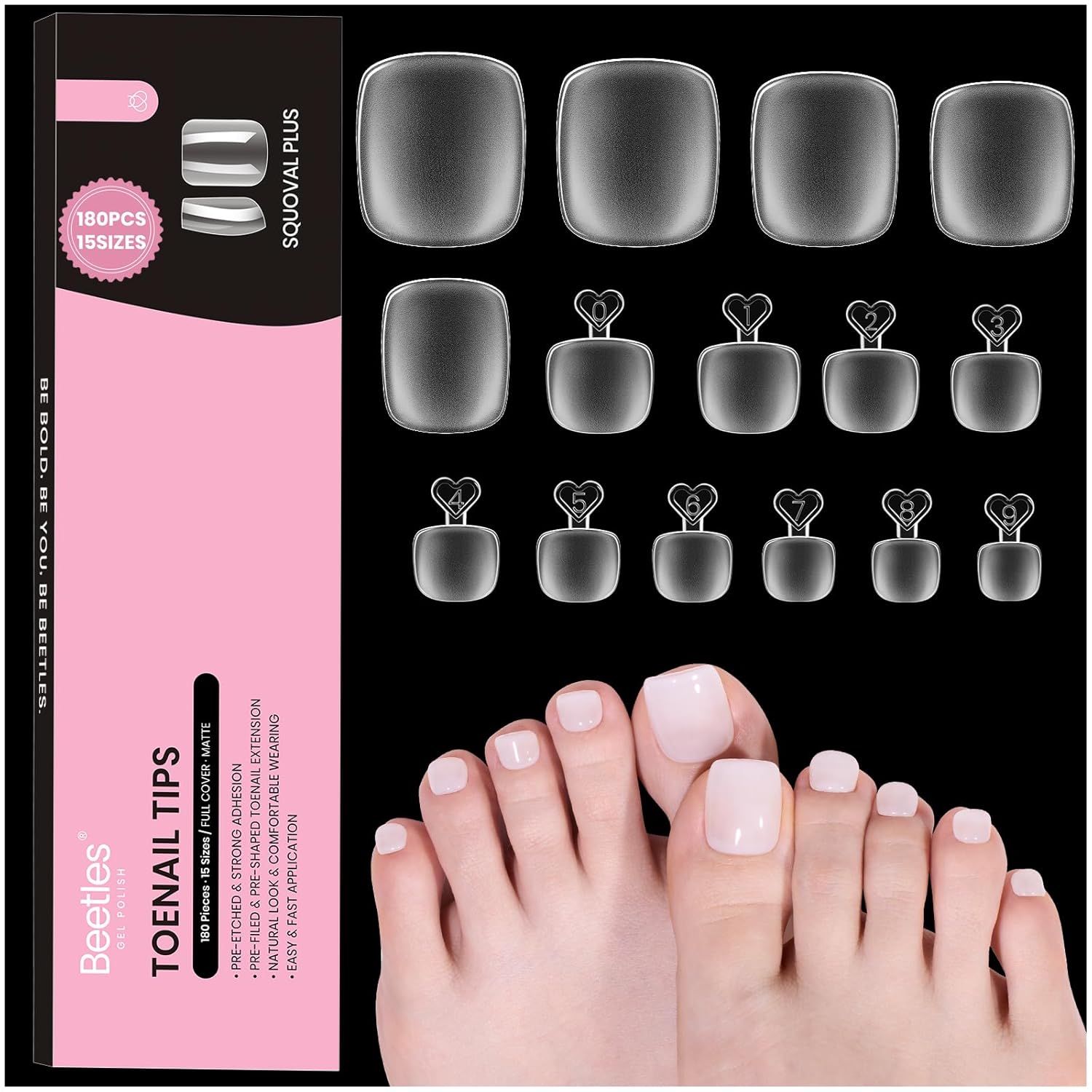 Beetles Toe Nail Tips Square for Big Toes - 15 Sizes 180 Pcs Long Wider Full Cover Toenail Tips Fake Acrylic Pre-etched Double Matte Nail Extensions, Press on Toe Nails for Wide Nail Beds-Velvo Beauty