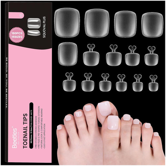 Beetles Toe Nail Tips Square for Big Toes - 15 Sizes 180 Pcs Long Wider Full Cover Toenail Tips Fake Acrylic Pre-etched Double Matte Nail Extensions, Press on Toe Nails for Wide Nail Beds-Velvo Beauty