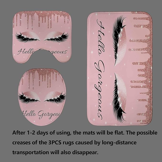 4PCS Hello Gorgeous Unicorn Eyelash Shower Curtain Set Luxury Diamond Rose Gold Glitter Eyeshadow Makeup Pink Glam Beauty Fashion Girly Women Bathroom Decor Non-slip Bath Mat Toilet Rug, Bling-Velvo Beauty