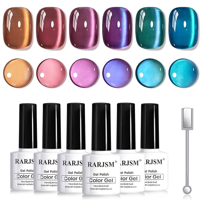 RARJSM Aurora Ceramics Glitter Glass Cat Eye Gel Nail Polish Set 6Pcs Pink Purple Brown Blue Green Shimmer Smoothie Cateye Colorful Galaxy Effect with Magnetic Stick UV LED Curing Require Home Salon-Velvo Beauty