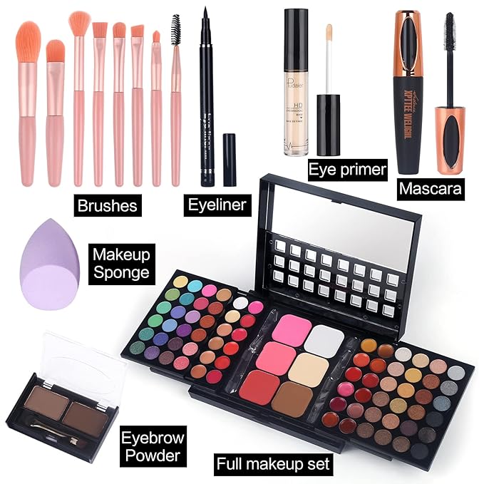 Full Makeup Kit with Applicator - 78 Color Cosmetic Gift Set Include Eyeshadow/Lipstick/Blush/Contour/Concealer, Mascara, Lip Liner, Eyeshadow Primer, Eyebrow Powder, Sponge and 8pcs Makeup Brush-Velvo Beauty