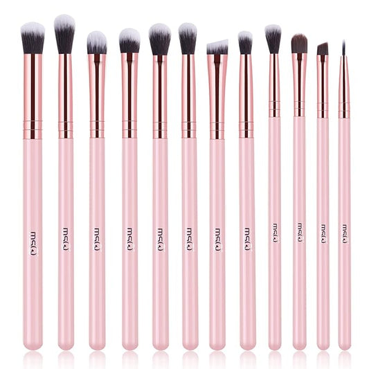 MSQ Eye Makeup Brushes Set with Soft Synthetic Hairs & Real Wood Handle for Eyeshadow, Eyebrow, Eyeliner, Blending (Pink), 12pcs-Velvo Beauty
