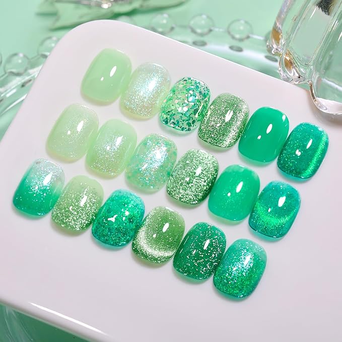 Born Pretty Gel Nail Polish Green Series,Jelly Transparent Gel Nail Polish, Cat Magnetic Eye,Shimmer Glitter Holographic Green Gel Polish Kit for Salon Manicure and Nail Art DIY at Home 6PCS 7ml-Velvo Beauty