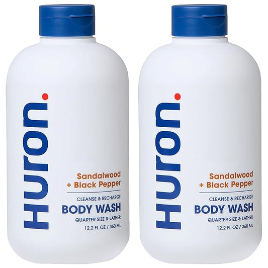 Huron Men’s Moisturizing Body Wash - Clean & Woody Scent of Sandalwood, Black Pepper, Cedarwood, & Amber - Made With Coconut Oil, Vitamin E & Witch Hazel - Vegan, Cruelty-Free - 12.2 fl oz (2 Pack)-Velvo Beauty
